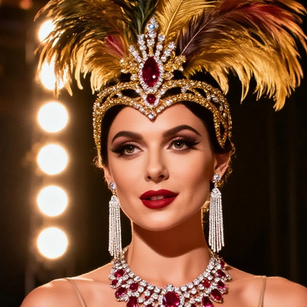 

Exaggerated Feather Forehead Headpiece Carnival Hair Accessories Vintage Drag Queen Rhinestone Crown Tiara Performance for Women