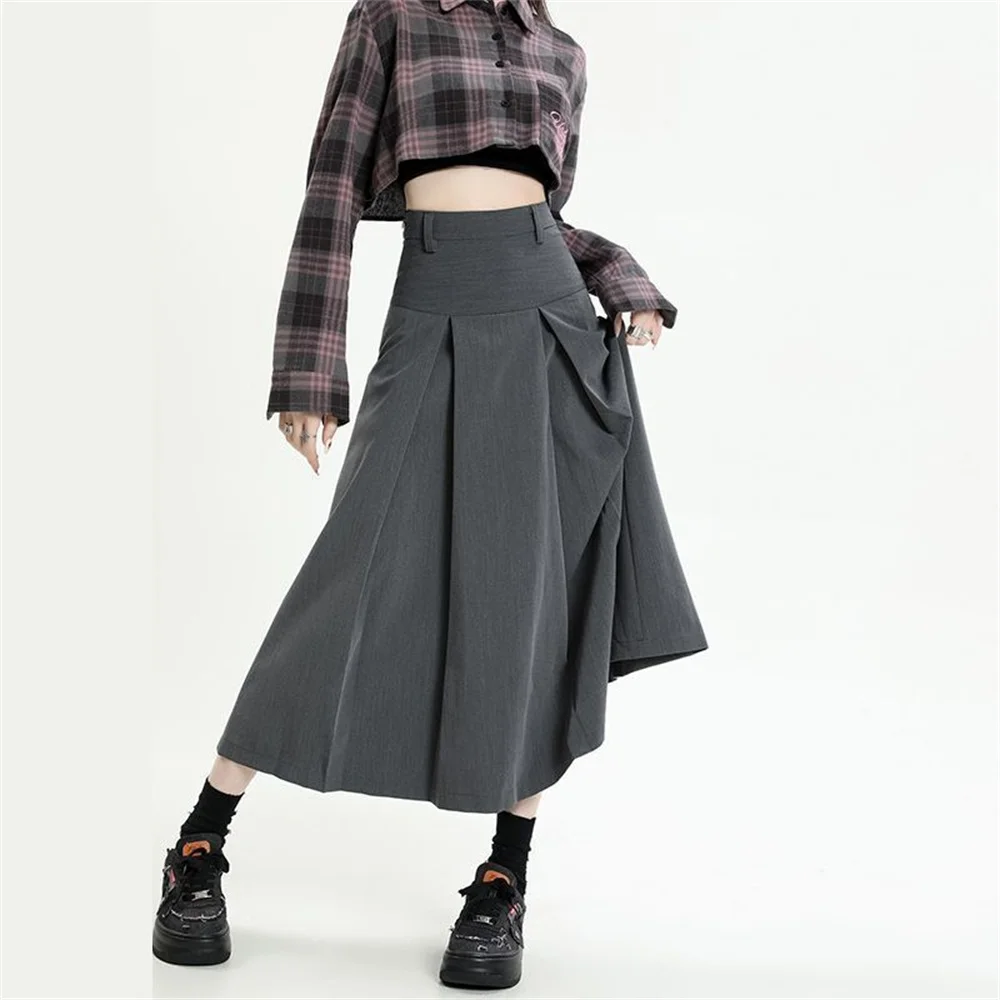 Autumn Winter Gray Korean Style Skirt Women Clothing 2024 New Design High Waist A-line Vintage Pleated Fashion Long Skirt XS-3XL