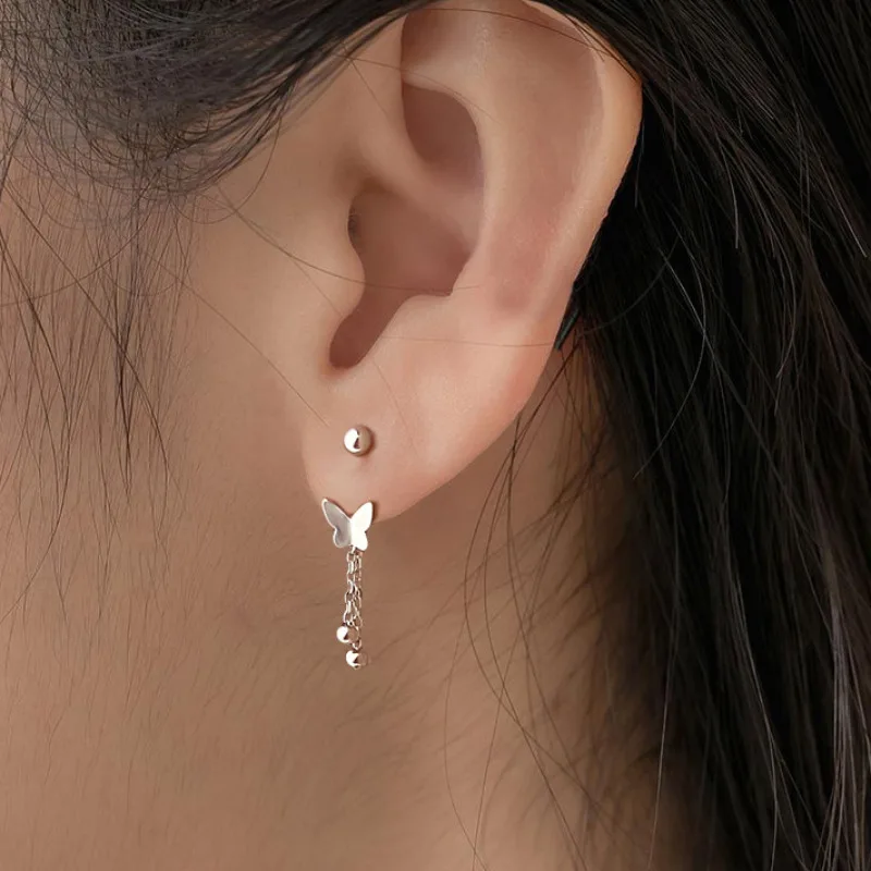 925 Sterling Silver Butterfly Round Drop Earrings for Woman Punk Screw Ball Korean Fashion Chain Rock New Earring Luxury Jewelry