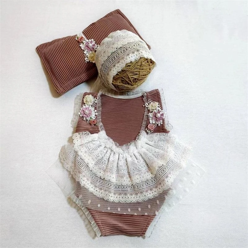 Newborn Romper  Infant Outfit with Matching Hat Lace Bodysuit Baby  Thirty Days Photography Clothing Set