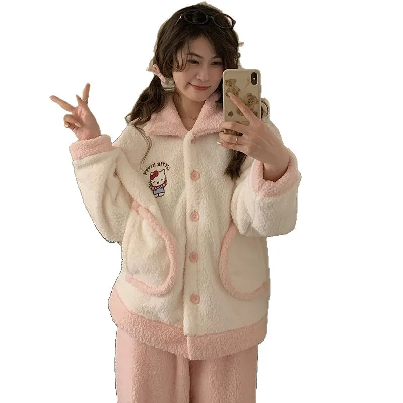 أنيمي 2 قطعة مرحبا كيتي Kawaii المرأة أفخم منامة الفتيات سترة السراويل موضة عادية طالب الكرتون الحلو المخملية Homewear