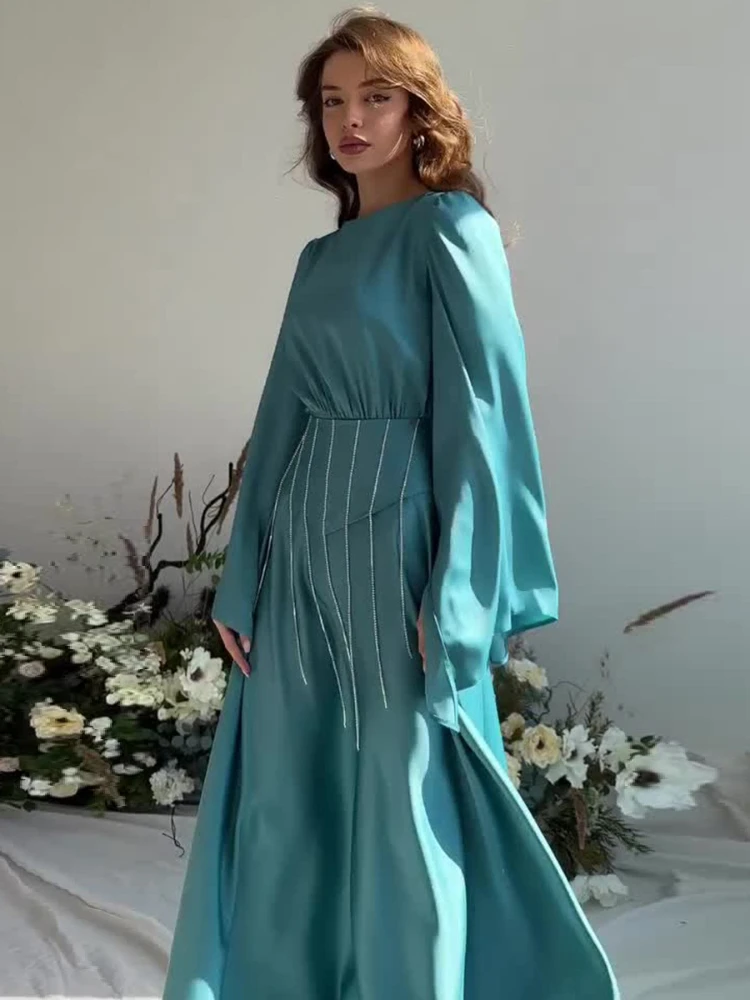 Robe Longue en Satin à Manches Évasées et Col Rond pour Femme, Tenue Élégante et Sexy de Soirée, Nouvelle Collection Printemps 2024