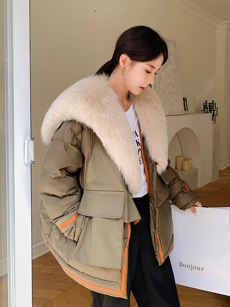 High Quality 100% Fox Fur Collar Coat Women Winter Warm Linner White Duck Down Coat Loose Thicken Parkas Female