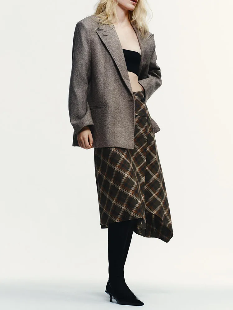 

2025 Winter New Faion Asymmetric Plaid Midi Skirt Women's High Waist Long Sve Deep V Ne Dr Ele Sweet Sle