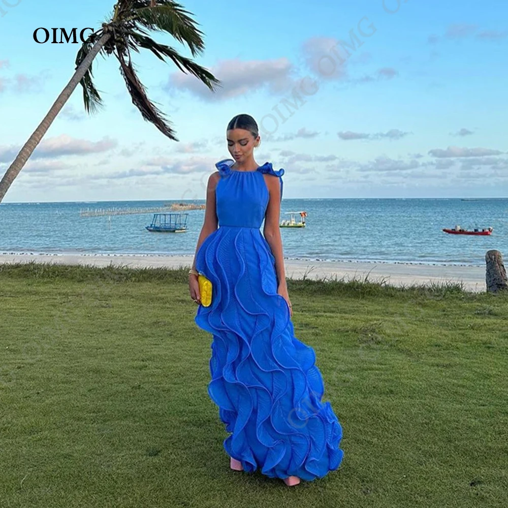 OIMG-Vestidos de Noche de gasa de playa azul para mujer, vestido de graduación saudita, vestidos de fiesta de boda de lujo, personalizado para