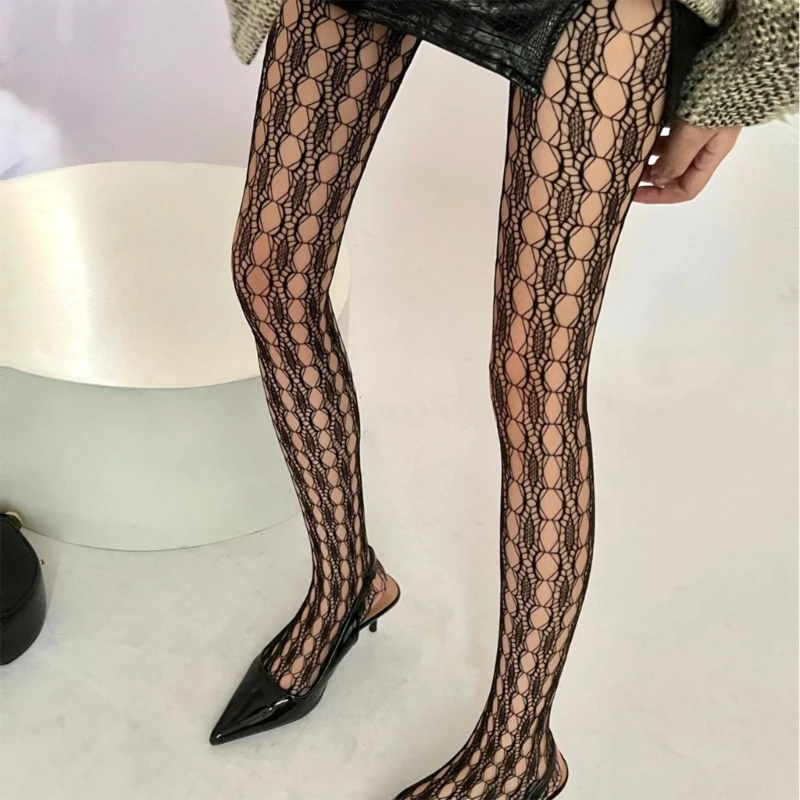 Aesthetic High Waist Fishnet Tights for Women Stretchy Stockings Hollowed Textured Lace Pattern Mesh Pantyhose Hosiery