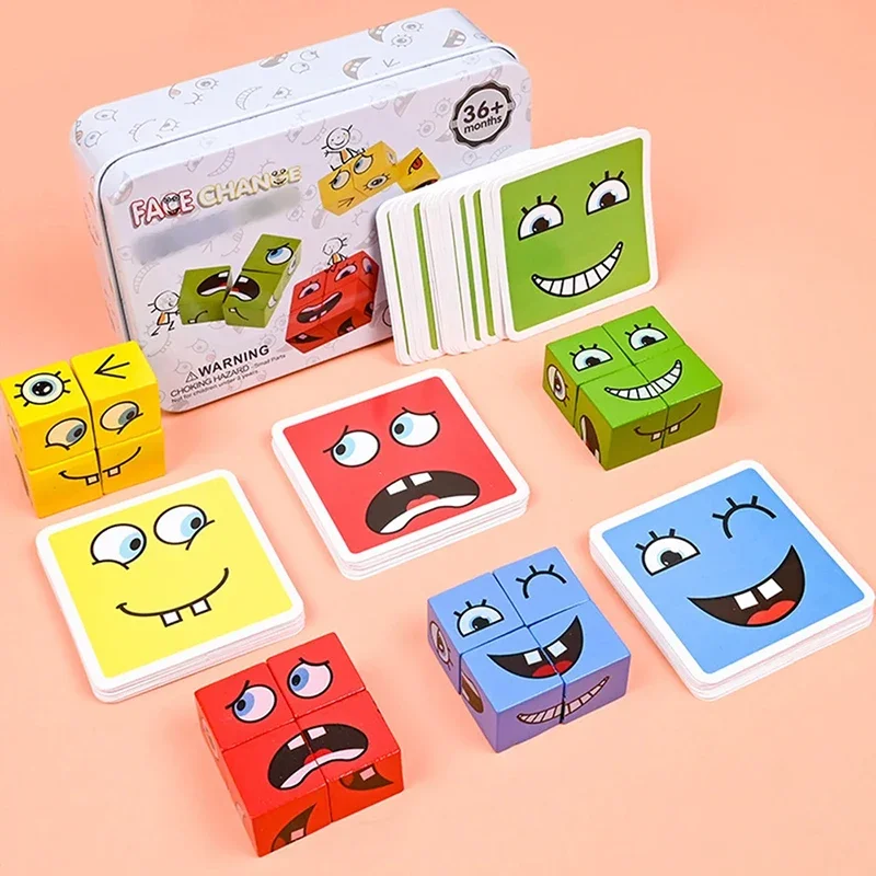 Face Changing Building Blocks Iron Box Toys Montessori Wooden Face-changing Cube Board Game Kids Educational Blocks Party Games