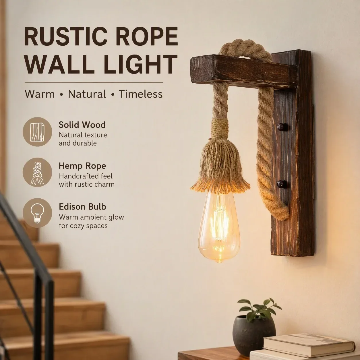 JOYINLED Industrial Wall Light E27, Rustic Wall Lamps with Hemp Rope Retro Wooden Wall Sconce For Bedroom, Hallway, Restaurant