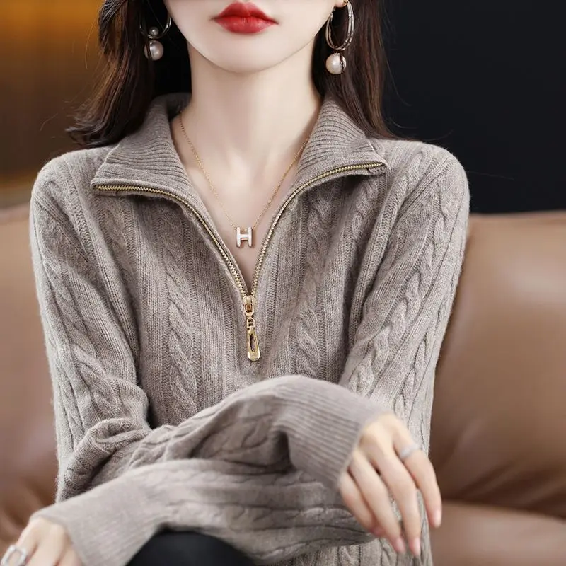 Autumn and Winter Women\'s Solid Color Pullover Round Neck Zipper Long Sleeve Loose Fit Knitted Woolen Underlay Fashion Tops