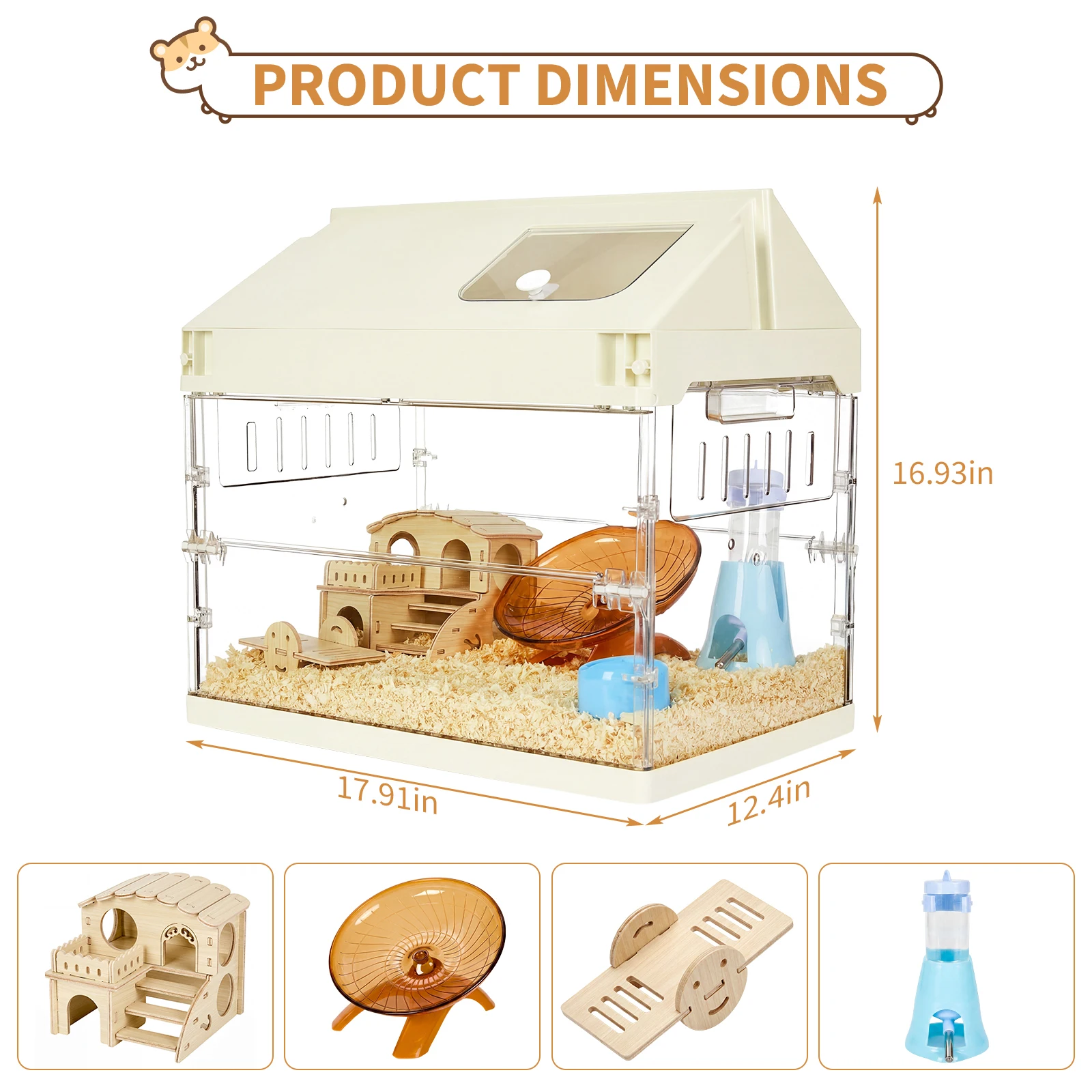 Hamster Cage Starter Kits, 6 in 1 Guinea Pig Cage with Hideout, Platform,Wheel,Water Bottle,Bowl Accessories, Pet Rat Cage for Chinchillas, Hedgehog, Syrian, Gerbil-Chew Proof Acrylic view 5