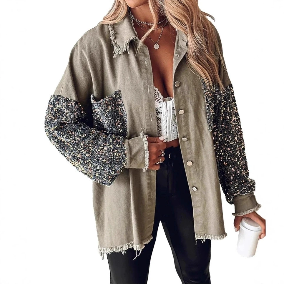 spring autumn women long sleeve Sequins denim jacket 2025 new women Splicing laple denim coat women slim jacket outwear - view 5