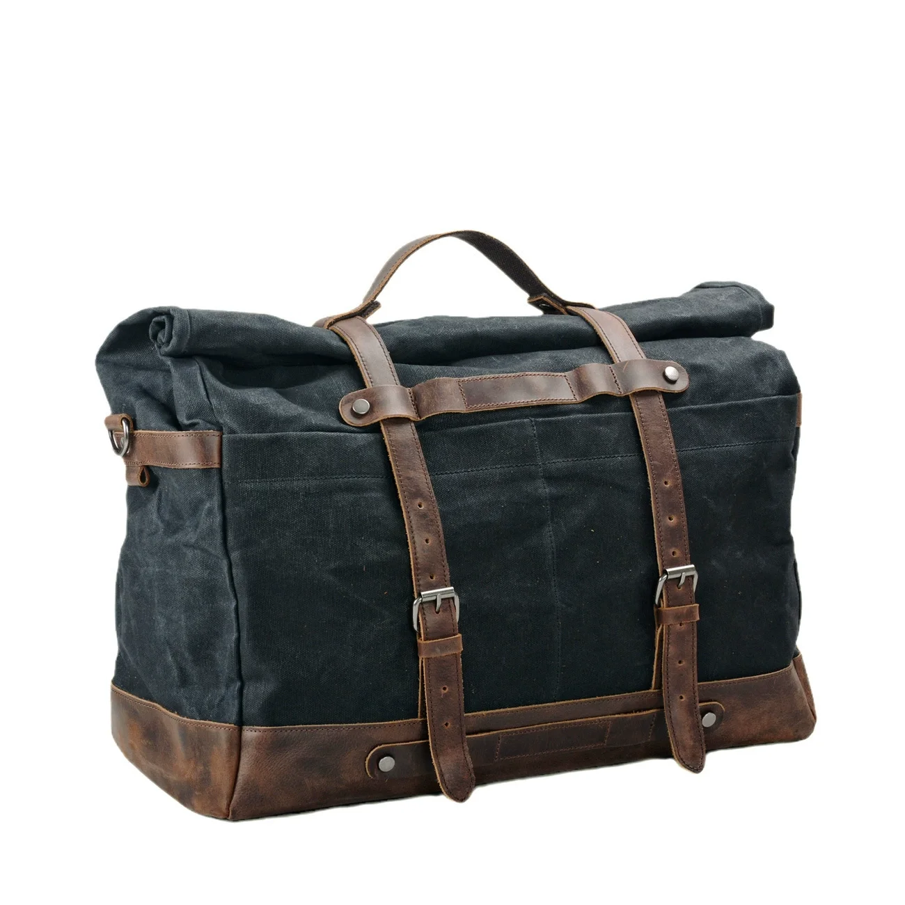 Vintage waxed canvas duffel bag with genuine leather trim – men’s travel handbag, large-capacity outdoor crossbody travel bag - view 6