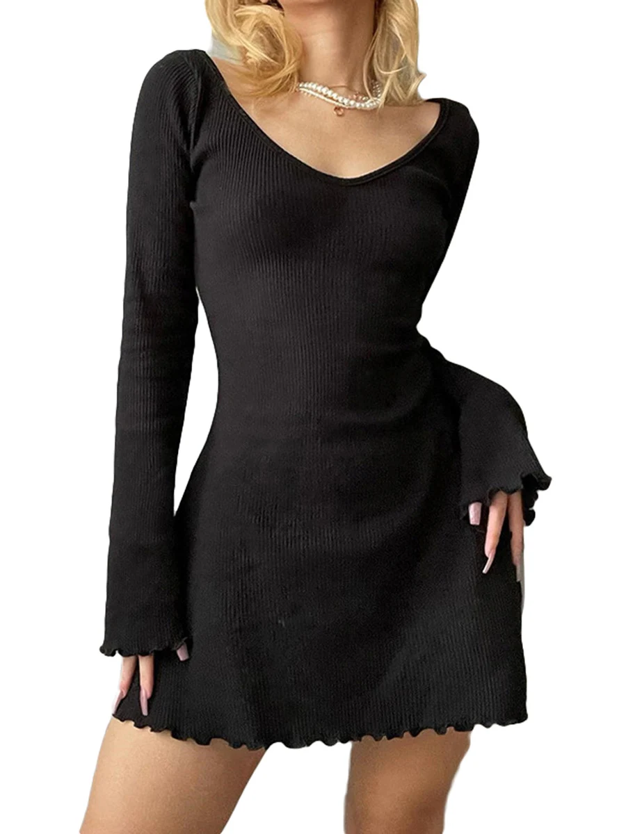 Women Solid Color Ribbed Long Sleeve V-Neck Slim Fit Party Mini Dress Fashion Spring Autumn Slim A-Line Dress