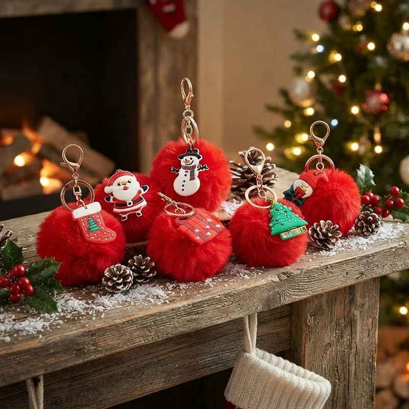 Santa Claus Keychain Christmas Pom Pom Fluffy Ball Bag Charm Stocking Stuffers Holiday Party Favors Snowman Keyring Decor Set