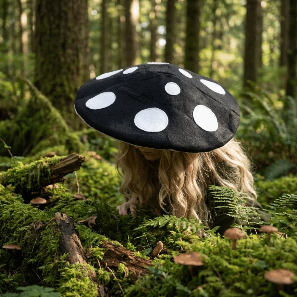 Picture 5: Cute Oversized Mushroom Hat Polka Dot Drawstring Cap Costume Headpiece Polyester Soft Velvet Fungus Beret Cap Girls