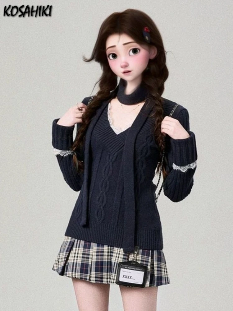 

Preppy Style Lace Patchwork Sweaters Grunge Vintage Women Twist Slim Fit Pullovers Autumn Y2k Aesthetic Casual Knitted Jumper