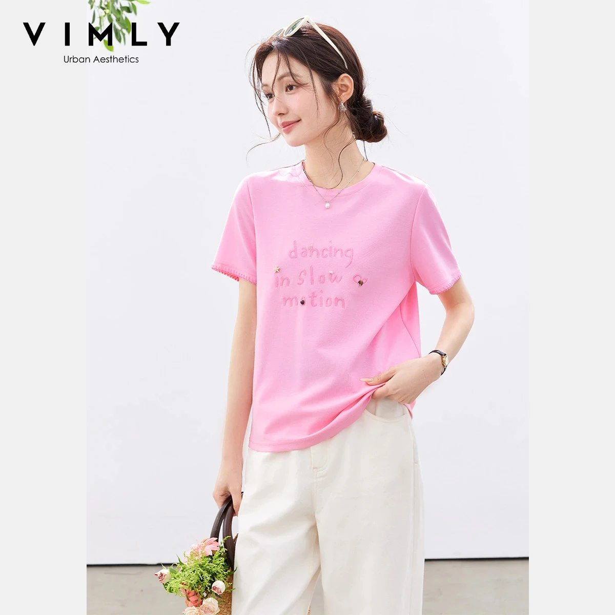 

Женская футболка VIMLY с круглым вырезом и коротким рукавом, летняя коллекция 2026, розовая, модная, с вышивкой бисером и буквами, повседневный прямой топ A6080