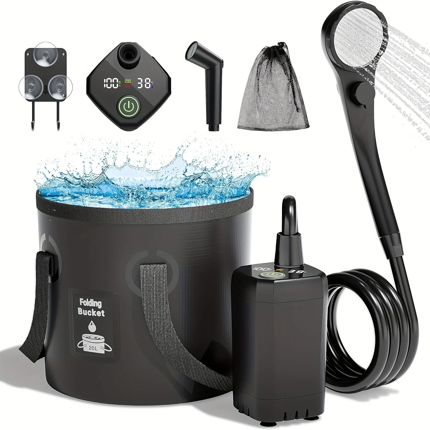 

Portable Camping Shower, 6000mAh Rechargeable Shower Pump, with Filtered Shower Head & 5-Gallon Foldable Bucket & Spray