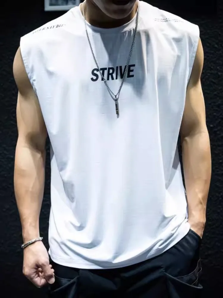 

Men's Summer Qui Dry Ice Silk Svel Vest Loose Fitn Spor ort Sve Large Size White Trendy round Ne Top