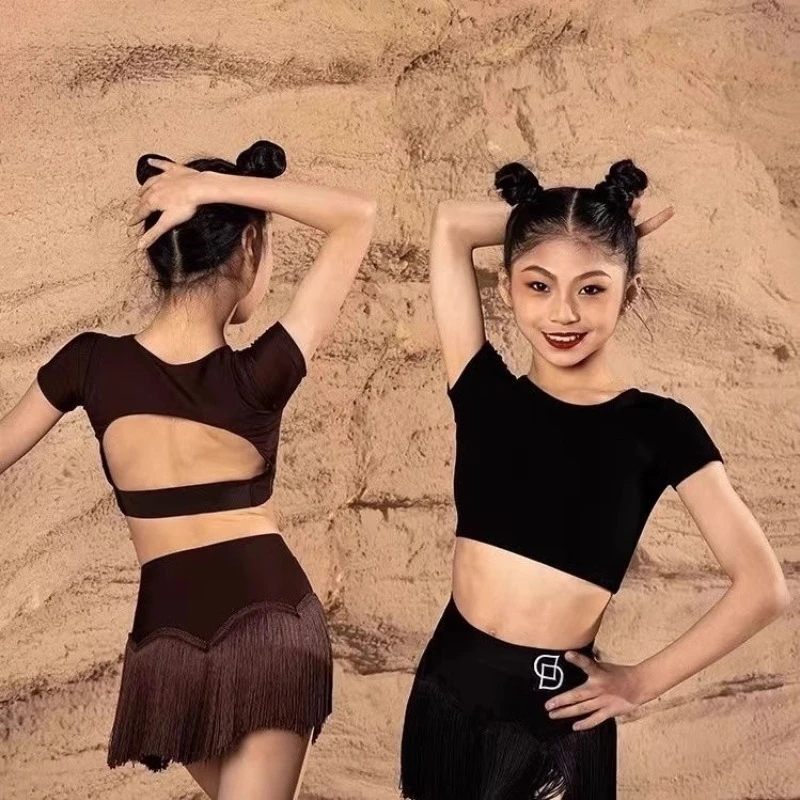 Ensemble de danse latine pour filles, vêtements d'été pour enfants, jupe à franges noire, Cha Cha Rumba Samba, vêtements d'entraînement de danse, nouvelle collection 2025