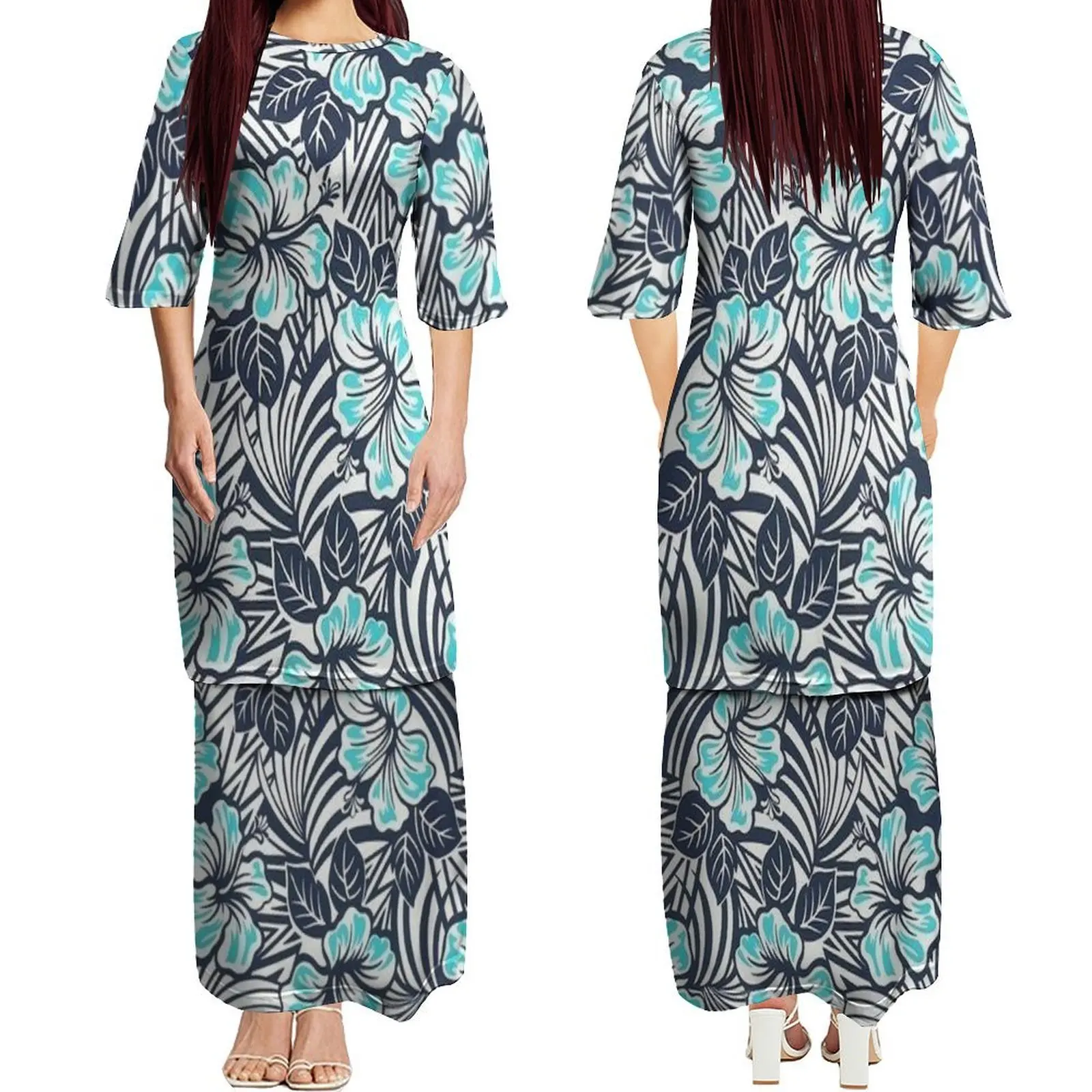 Vestido de dupla camada para mulheres com gola redonda e manga média personalizado hibisco padrão verão puletasi vestido elegante e emagrecedor