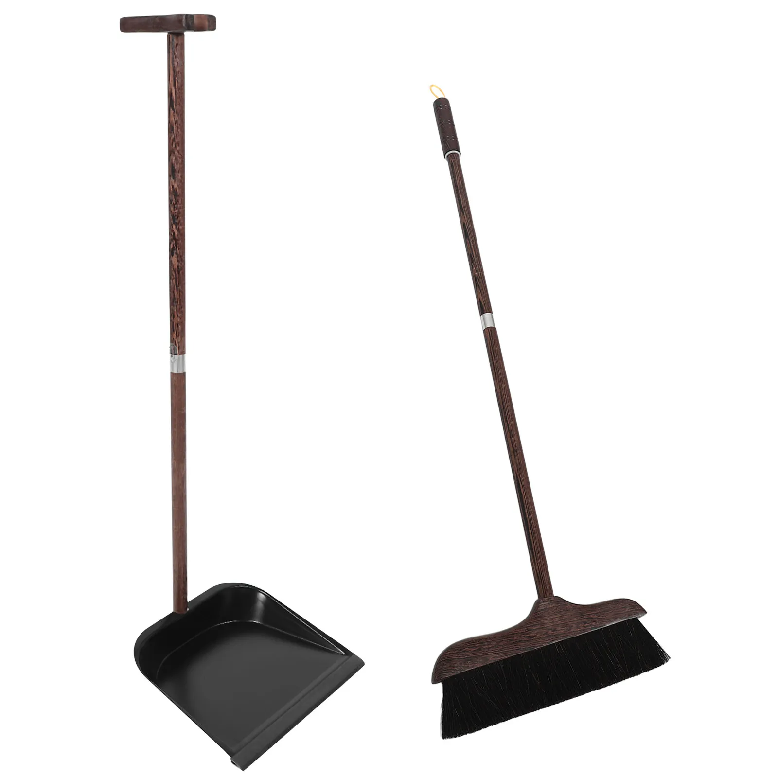 1Set Dustpan Broom Set Natural Bristle Horsehair Wood Handle Upright Standing Dustpan Indoor Outdoor Kitchen Office Cleaning
