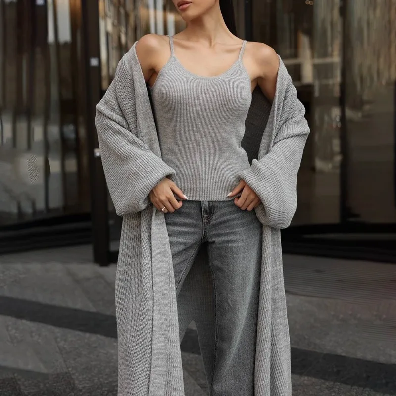 

Tuularose Cardigan 2-Piece Set Gray Strapless Top Casual Long Cardigan Coats Autumn New Fashion Streetwear Chic Women Dress Sets