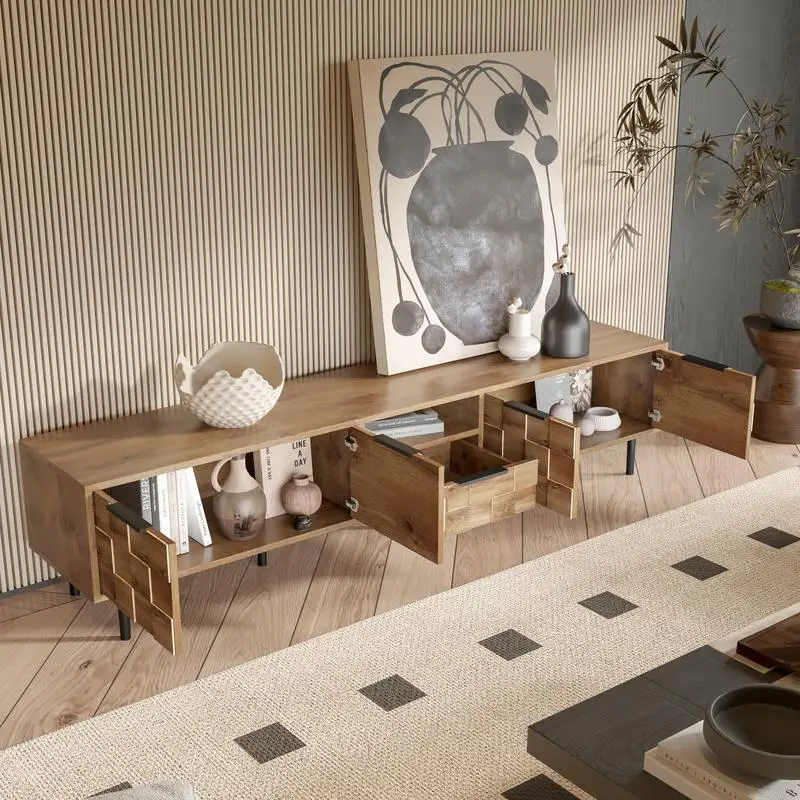 78인치 TV 스탠드 (85인치, 75인치, 65인치 TV용), 거실 엔터테인먼트 센터용 수납 공간이 있는 목재 미디어 콘솔