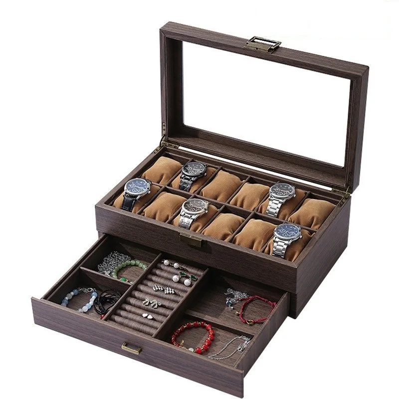 

UOGE ретро-версия из искусственной кожи, двухслойная 12, многофункциональная коробка для хранения ювелирных изделий, коробка для хранения из углеродного волокна, кожаная витрина