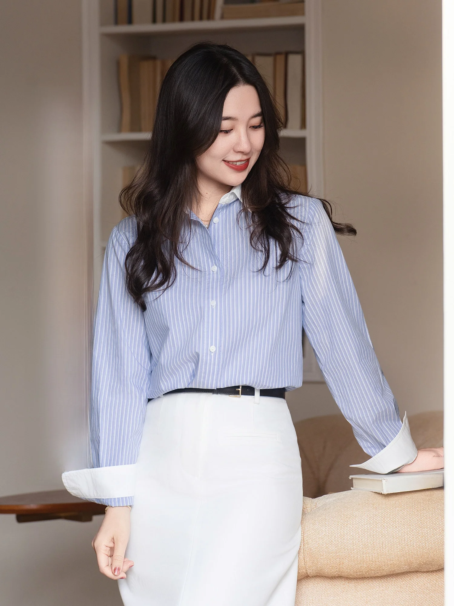 

Apipedream Pure Cotton Long Sleeve Striped Contrast Color Collar Shirt Women's Comfortable Breathable Casual Style Spring Shirt