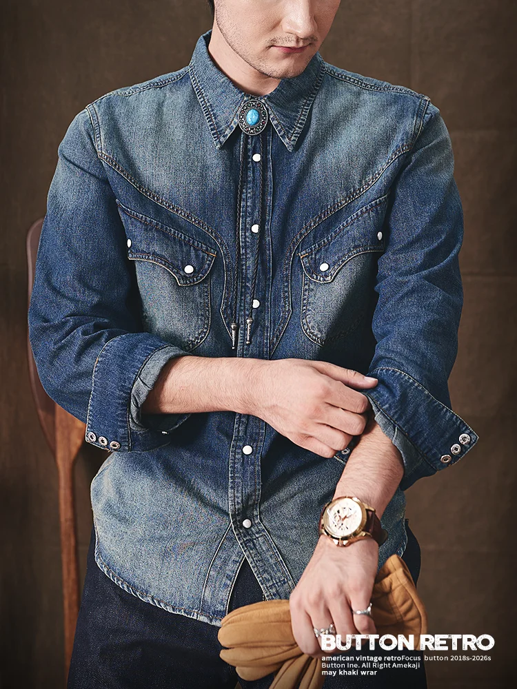 

American Retro Pure Cotton Deep Blue Western Cowboy Casual Long Sleeve Men's Shirt Heavyweight RL Leisure Workwear Shirt