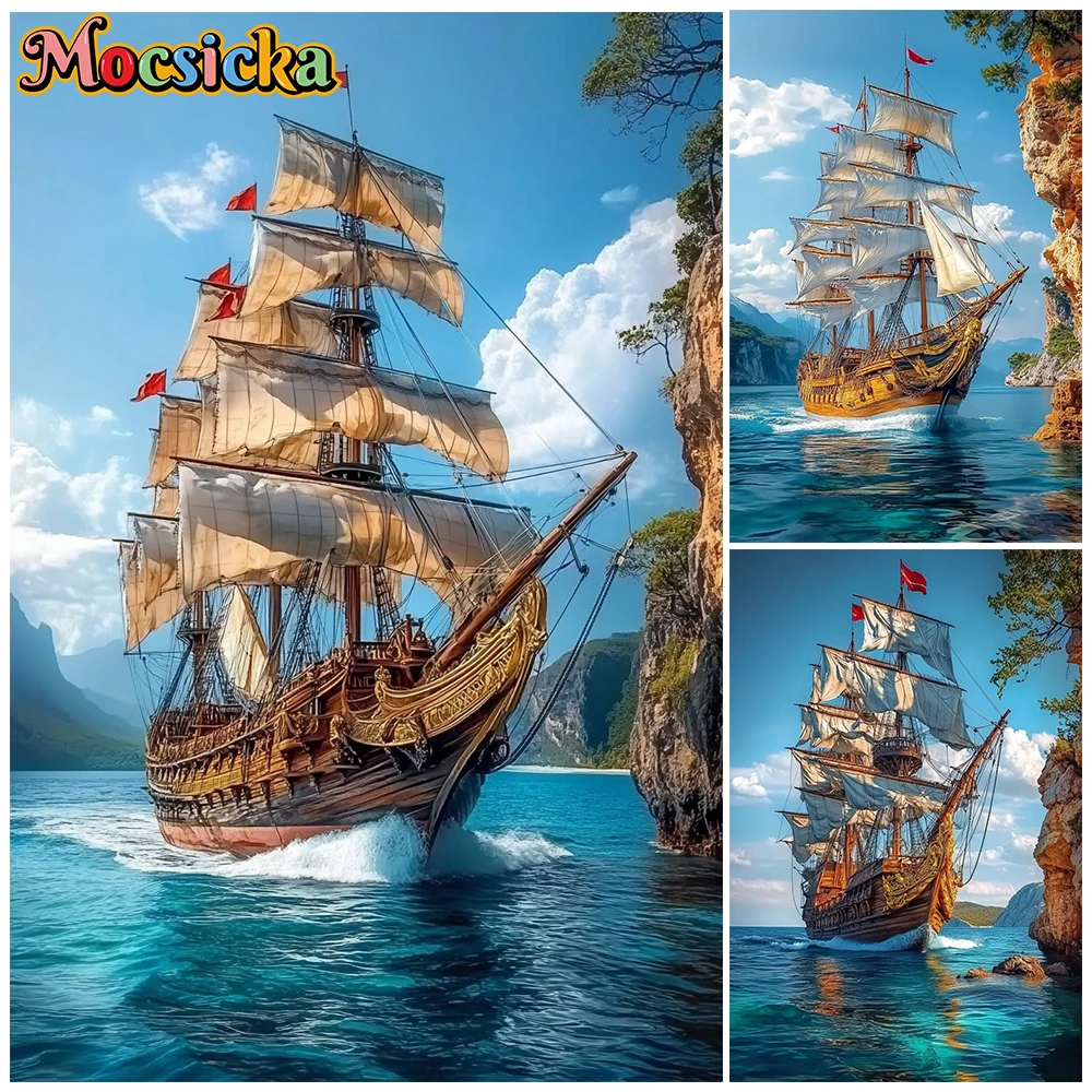 Mocsicka Pirate Ship Tapestry Nautical Ocean Sailing Boat Tropical Sea Cliff Scenery Background Cloth For Home Decor Photography