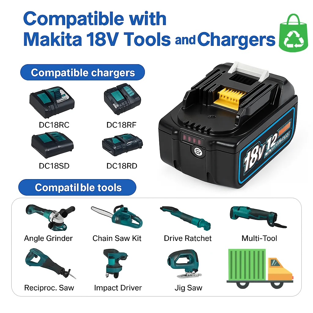 

High Capacity 18V 12.0Ah Li-ion Battery for Makita BL1860B BL1850B, Replacement Cordless Power Tool Battery Fits Drill DTW700