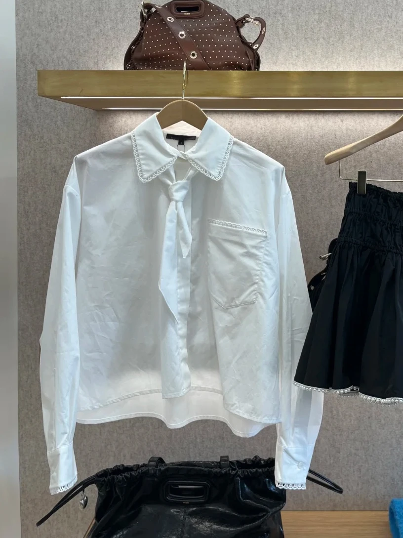 

Женская блузка Ele White Long Sve с воротником-стойкой, ажурным кружевом и вырезами, из смесового хлопка и полиэстера, для дома, ранняя весна