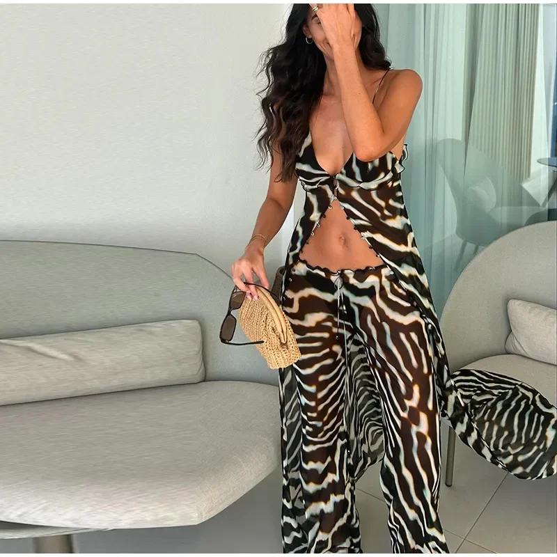 Sexy Zebra-Gestreiftes Langarm-Oberteil und Schlaghosen-Set für Damen, Schlanker V-Ausschnitt Einreihige Weste, 2-teilig, Sommer 2026 Strand-Urlaubsoutfit – Detail 8