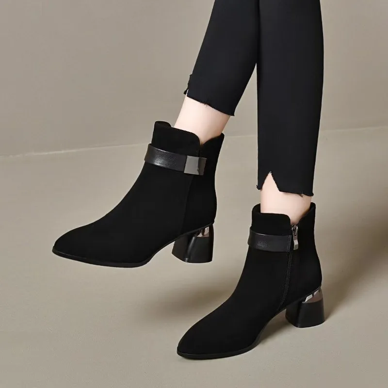 

Women's Ankle Boots Fashion Pointed Medium Heel Women's Boots Suede Casual Ankle Boots Thick Heeled Platform Booties Botas Mujer