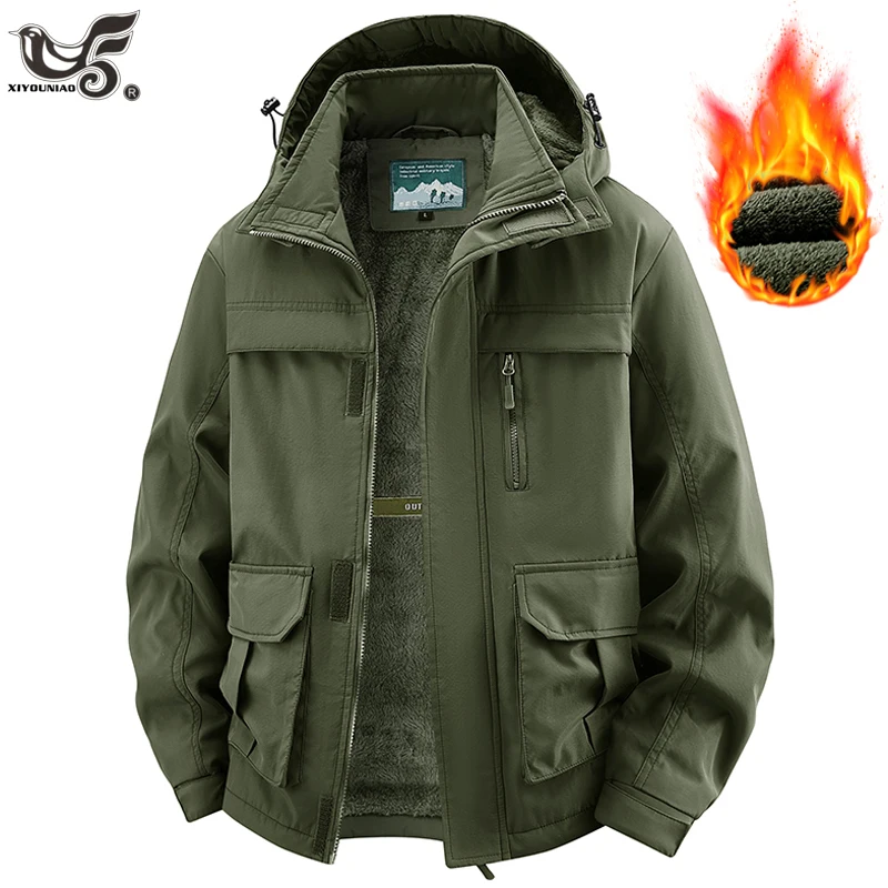 winter jacket man with hood fleece lining thickened multi-pocket Cargo Coats Outdoor Casual Hiking Camping Jackets Men Clothing