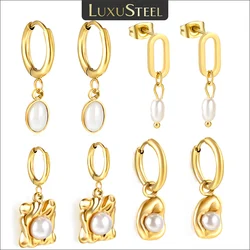 LUXUSTEEL Korean Imitation Pearls Drop Hoop Earrings for Women Stainless Steel Irregular Oval Shape Metal Bijoux Femme Gifts