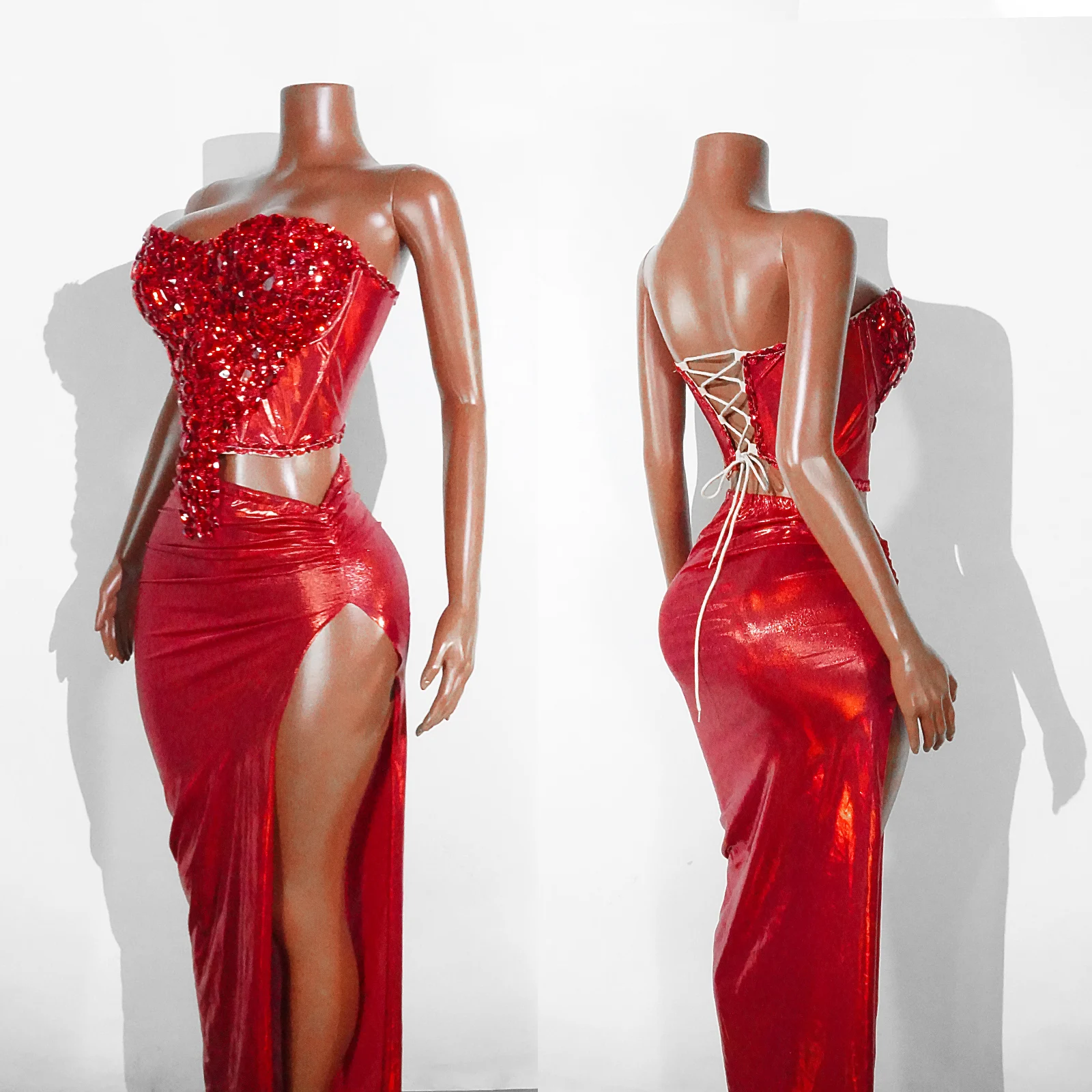 Sparkling Red Rhinestone High Slit 2PCS Long Dress Sequin Christmas Birthday Party Wedding Gown Nightclub Stage Wear Performance