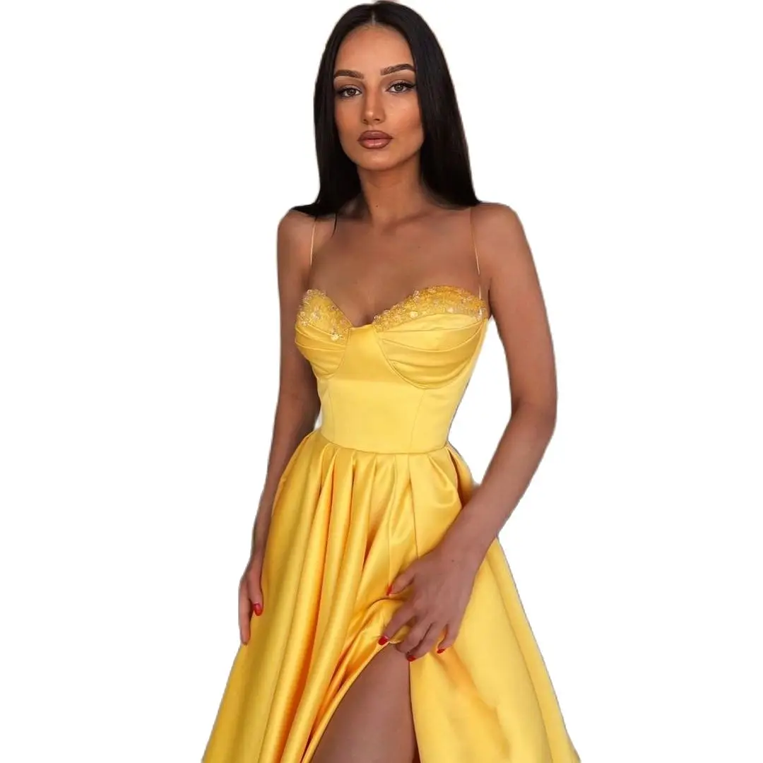 

Sexy Prom Evening Dresses Yellow Spaghetti Straps Beading Party Dress A-Line High Split Night Cocktail Gowns Plus Size