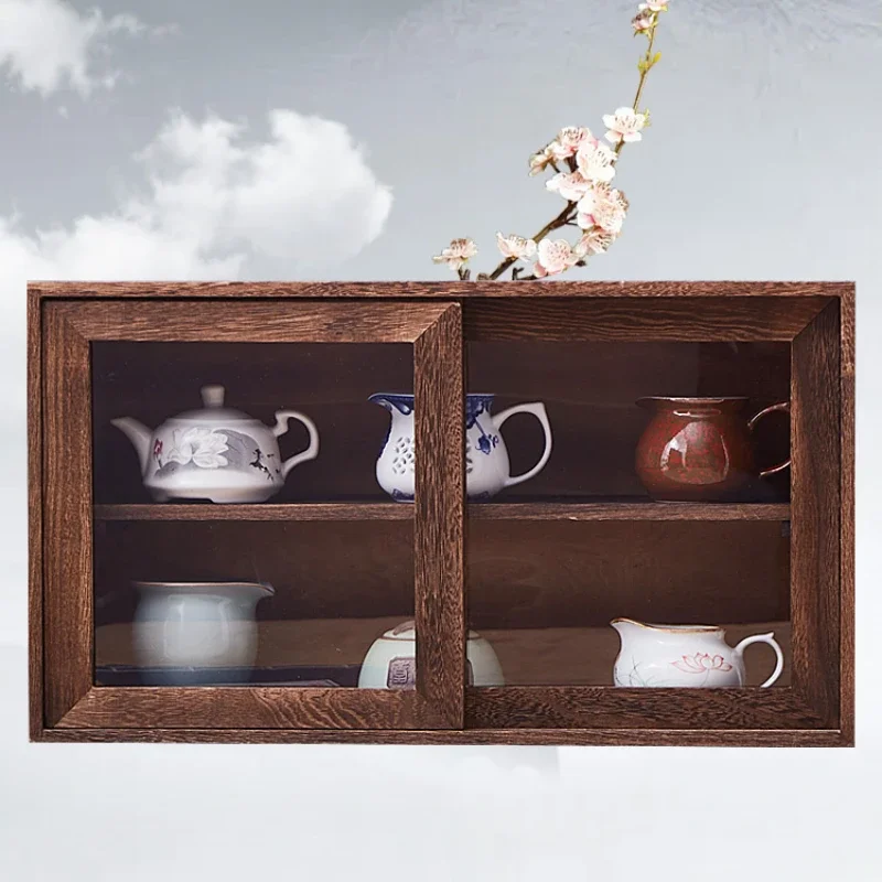 Solid Wood Tea Set Storage Box Table Top Storage Rack Storage Cabinet Sliding Door Tea Cabinet Dustproof Glass Sliding Door