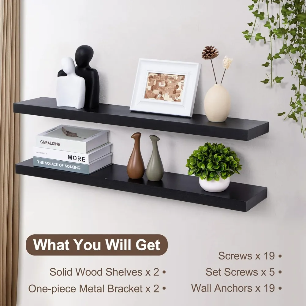 Black Floating Shelves for Wall-36 Inch Lightweight Wood Wall Shelves Set of 2-Floating Black Shelves for Storage Display Ledges