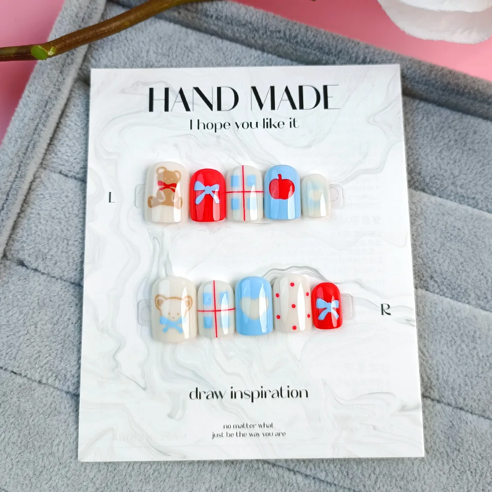 24 pçs dos desenhos animados urso imprensa em unhas doce amor arco maçã impresso dicas de unhas falsas para menina feminino wearable coreano bonito unhas falsas