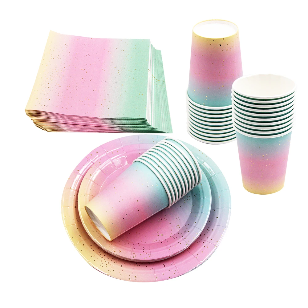 1Set Gradient Rainbow Disposable Tableware Paper Cups Plates Napkins Tablecloth For Kids Birthday Wedding Supplies Party Decor