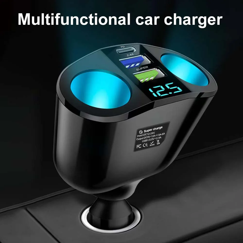 USB Car Charger Adapter Type C Multiple Devices Charged at the Same Time with Digital Display Dual-port USB Car Charger Adapter