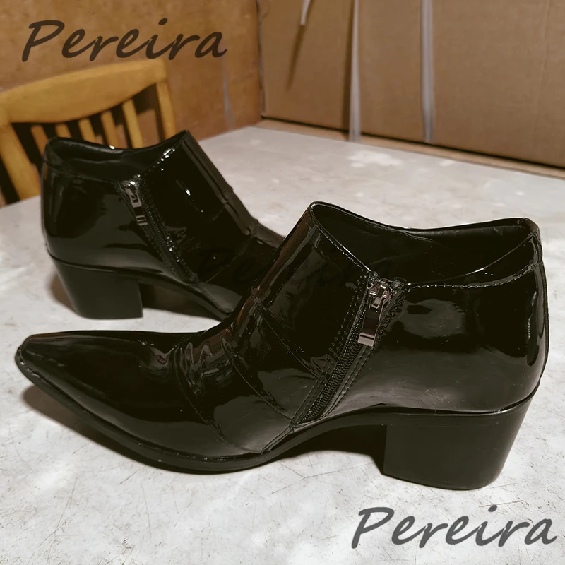 

Mens's Black Patent Leather Side Zipper Chelsea Boots Pointed Toe Thick High Heel Ankle Boots Party Wedding Business Dress Shoes
