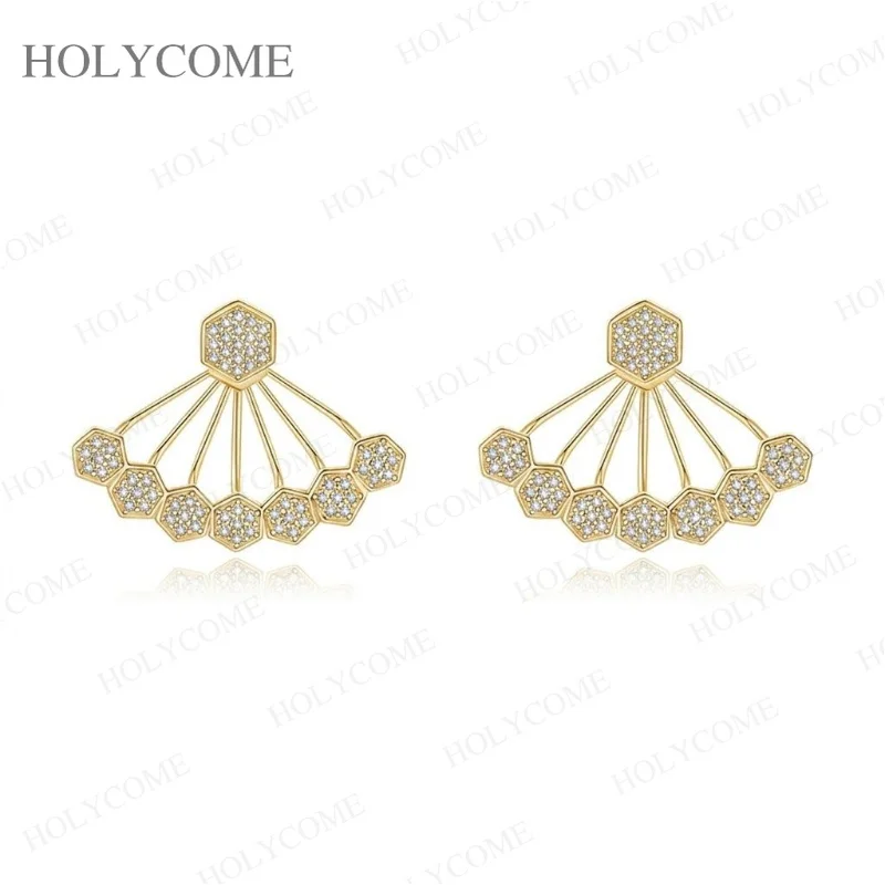 925 Sterling Silver Fan Shape Hexagon D VVS1 Moissanite Stud Earrings Geometric Scallop Vintage Women Wedding Fine Jewelry