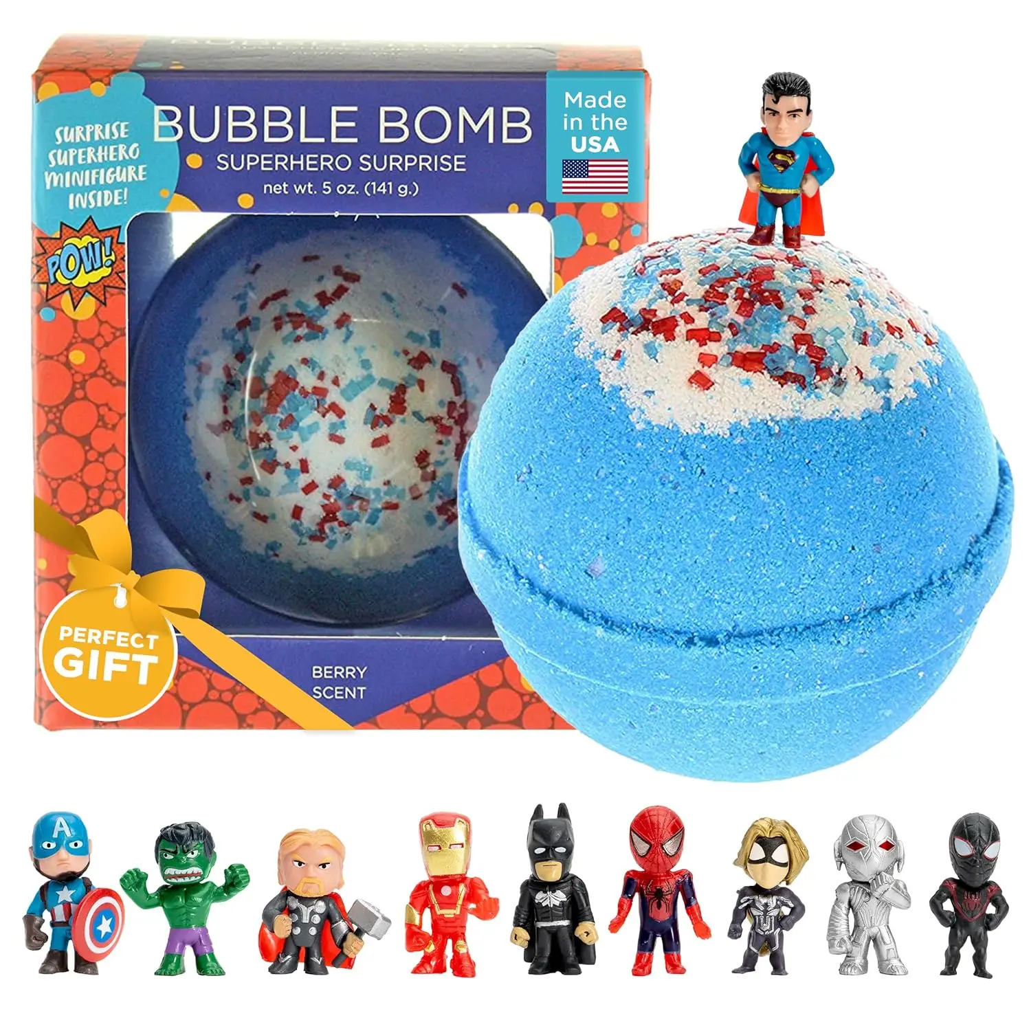 Surprise Superhero Bath Bombs for Kids with Toy Inside, Fruity Scent, USA Made