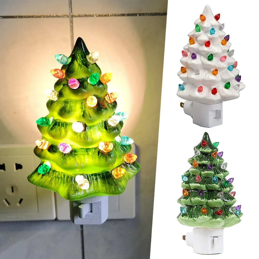 

Christmas Tree LED Night Light Ceramic Decorations Vintage Green Xmas Tree Wall Plug In Night Lamp Hand Painted Nightlight