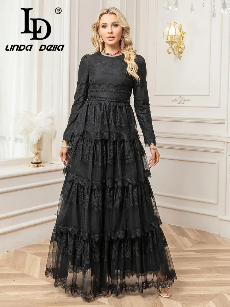 

Новое платье LD LINDA DELLA Весна/Лето 2025 с круглым вырезом, длинными рукавами, кружевными вставками, сетчатыми слоями и оборками «лист лотоса»